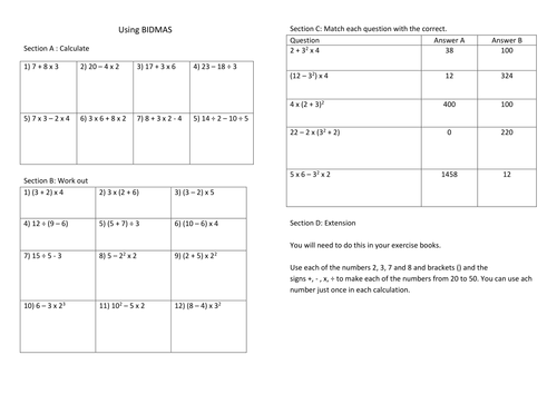 maths worksheet number operations using bidmas teaching resources