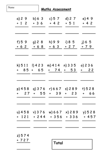 column addition questions teaching resources