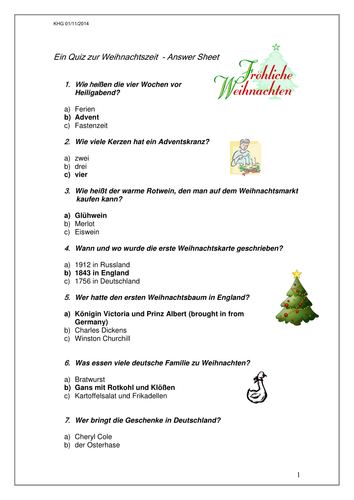 Ein Quiz Zur Weihnachtszeit Teaching Resources