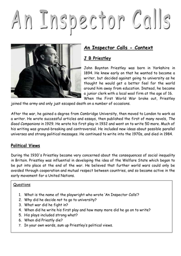 Context of An Inspector Calls and questions | Teaching Resources