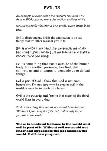 Evil is... worksheet - opinions on what evil is | Teaching Resources