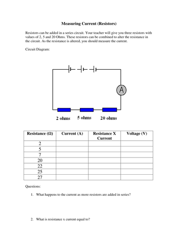 Current and Resistance Experiment Worksheet | Teaching Resources