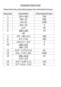 GCSE Maths:Estimation questions with answers sheet by JANPERR - UK