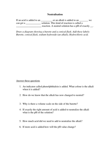 Neutralisation Worksheet | Teaching Resources