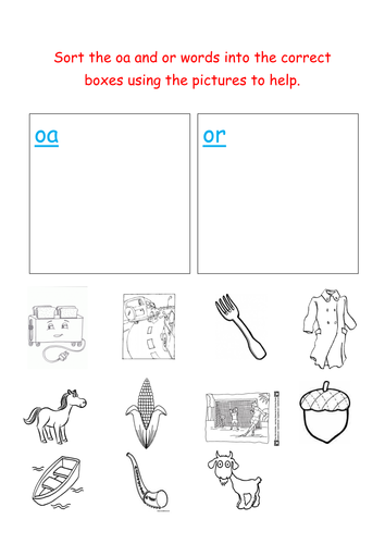 jolly phonics sorting oa and or words teaching resources