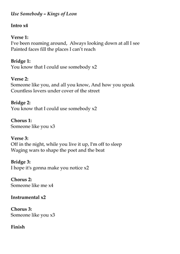 Use Somebody Kings Of Leon Chords And Lyrics Teaching Resources