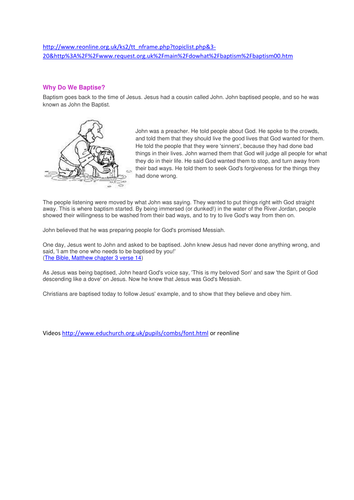 Baptism/Christening Worksheet and Info | Teaching Resources