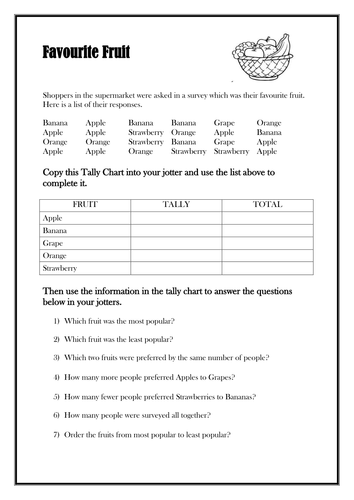 tally chart worksheets and questions about data teaching