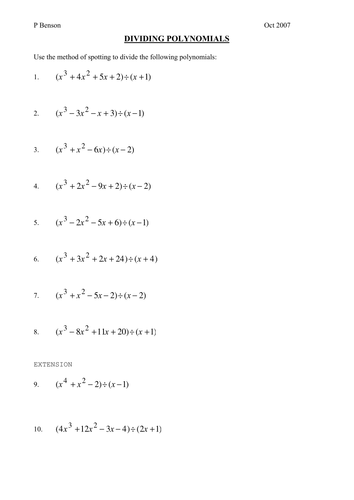 division of polynomials worksheet grade 10