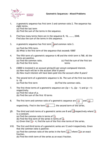 A level Maths: Geometric Sequences worksheet | Teaching Resources