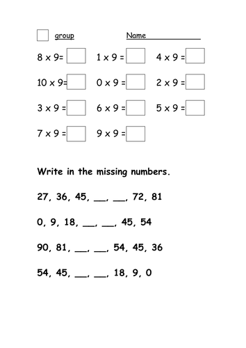 9x table worksheet | Teaching Resources