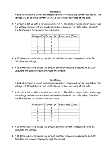 Resistance calculations sheet | Teaching Resources