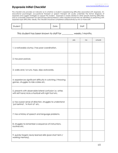 SEN Initial Checklists | Teaching Resources