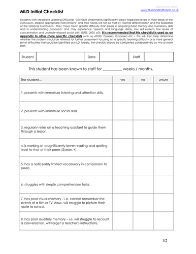 SEN Initial Checklists | Teaching Resources