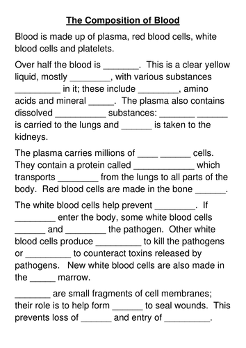 Composition of Blood cloze | Teaching Resources