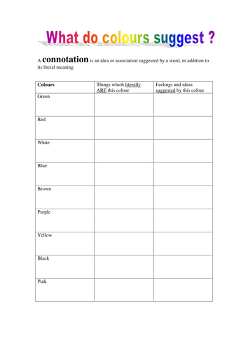Worksheet on colour connotations | Teaching Resources