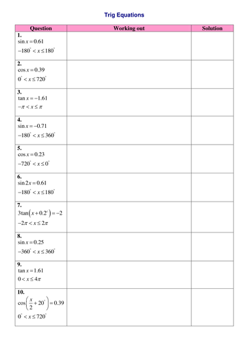 Worksheets Trigonometric Equations Worksheet a level maths c2 trig equations worksheets by srwhitehouse solving exercise doc