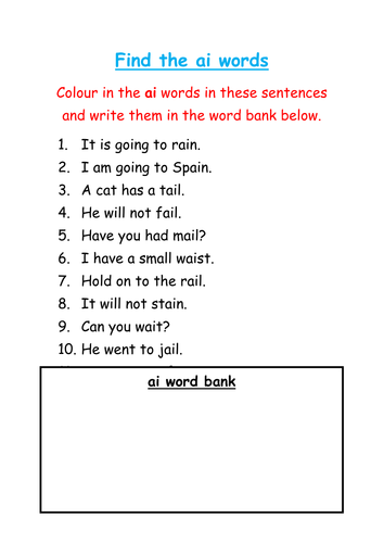 Find and colour the 'ai' words  Teaching Resources
