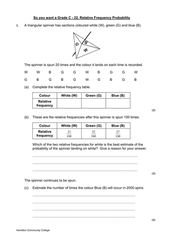 gcse maths relative frequency worksheet teaching resources