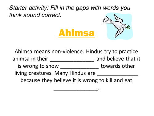 Ahimsa cloze activity starter - 5 min task | Teaching Resources