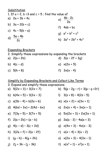 Maths KS3 Worksheet Simplifying Brackets Teaching Resources