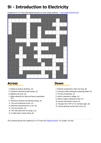 electricity crossword Teaching Resources