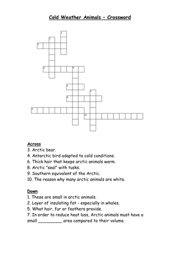 Cold weather animals crossword | Teaching Resources