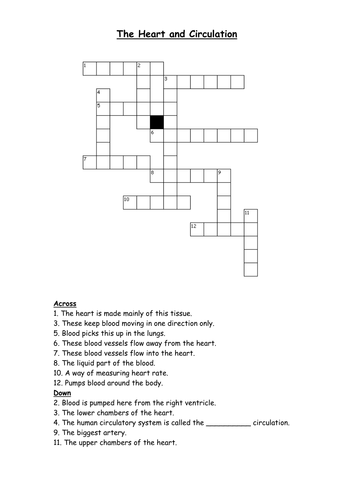 Heart and circulation crossword Teaching Resources