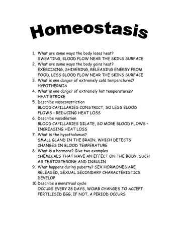 Printables Homeostasis Worksheet homeostasis questions by funforester teaching resources tes answers doc