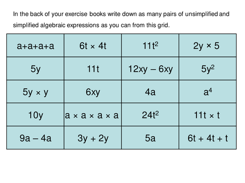 Maths KS3 Simplifying Algebraic Expressions Teaching Resources