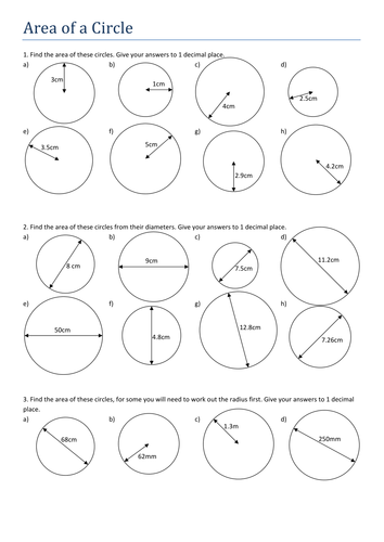 maths worksheet area of a circle teaching resources