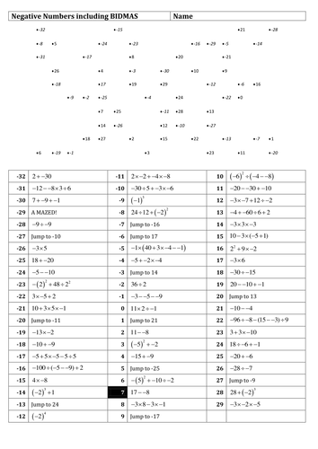 maths worksheet negative numbers maze inc bidmas teaching resources