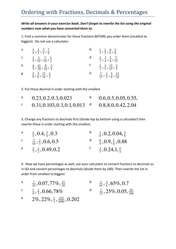 Worksheets Ordering Fractions And Decimals Worksheet ordering fractions decimals percentages by tristanjones teaching resources tes