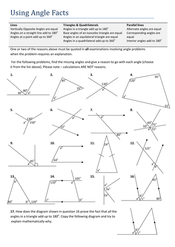 maths gcse worksheet using angle facts teaching resources