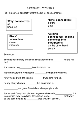 Key Stage 3 Connective Starter Worksheet By MissRathor Teaching 
