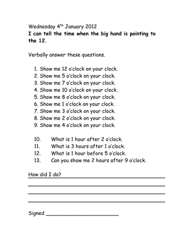 O'clock worksheets | Teaching Resources