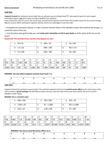 Worksheet homework X dividing by 10 100 1000 by 