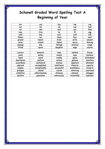 schonell-graded-spelling-test-teaching-resources