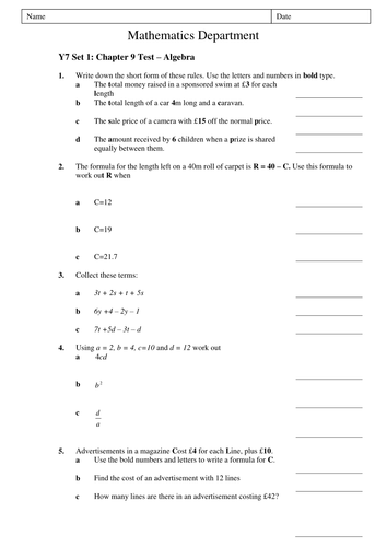 year 7 algebra test by tristanjones teaching resources tes