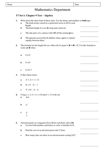 Year 7 Algebra Test by Tristanjones - Teaching Resources - TES