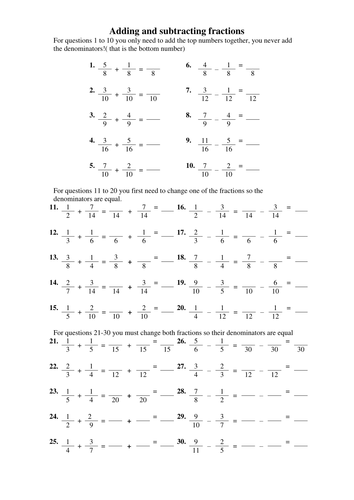 Adding and Subtracting Fractions. worksheet | Teaching Resources