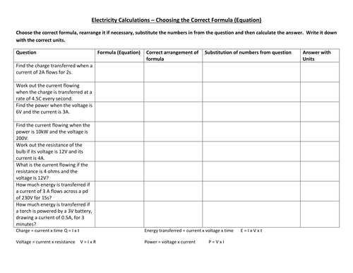 Calculations for electricity | Teaching Resources