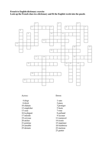 French Dictionary Crossword | Teaching Resources