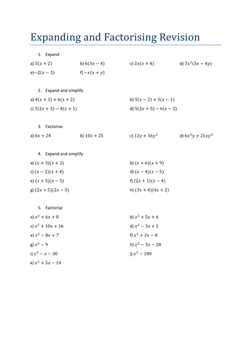 Expanding and Factorising revision. Worksheet | Teaching Resources