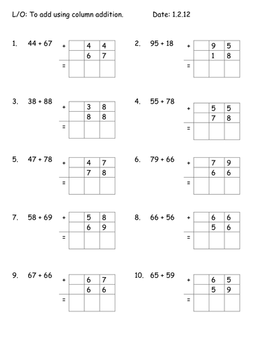 column addition worksheets teaching resources