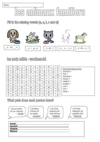 in animal worksheet french French Worksheet  Pets Presentation  and MissMittens by