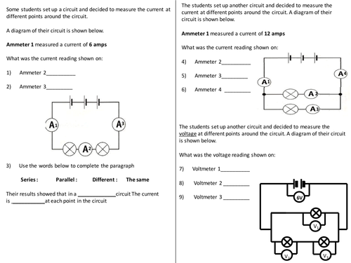 Current + Voltage in circuits questions worksheet by ... electrical circuit lesson plan 5th grade 