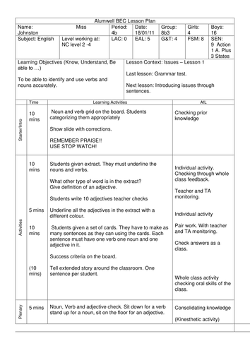 adjective verb and noun lesson teaching resources