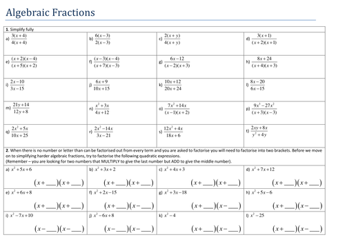 Simplifying Algebraic Fractions Resources Tes