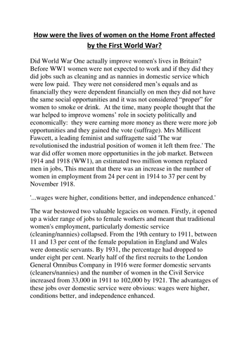 Women WW1 – Did Women’s Lives Improve? | Teaching Resources